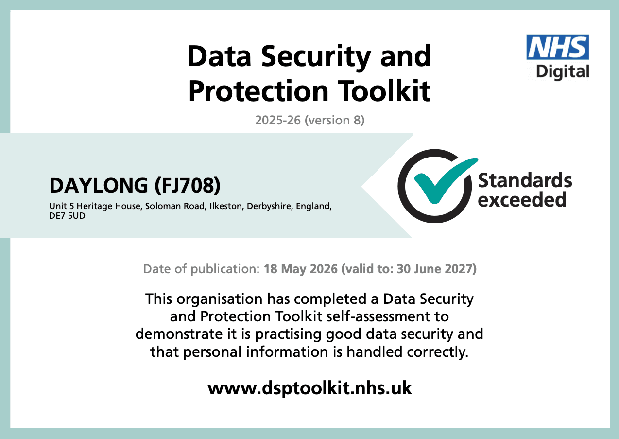 NHS Data Security and Protection Toolkit certificate for Daylong Direct