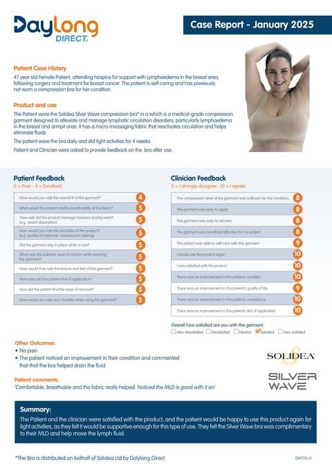 First page of the January 2025 case report on the Silver Wave Compression Bra, with patient and clinician feedback scores